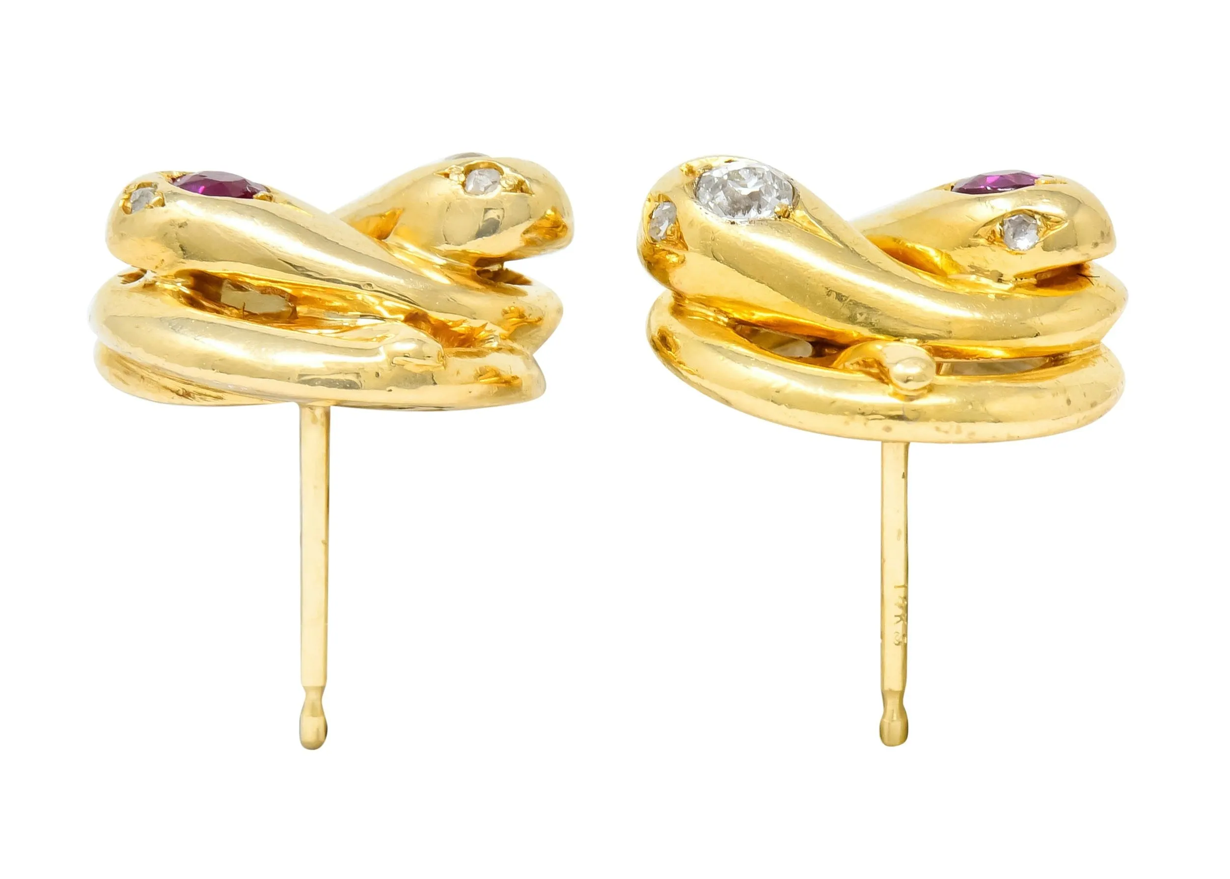 Victorian Diamond Ruby 18 Karat Yellow Gold Winding Snake Stud Earrings