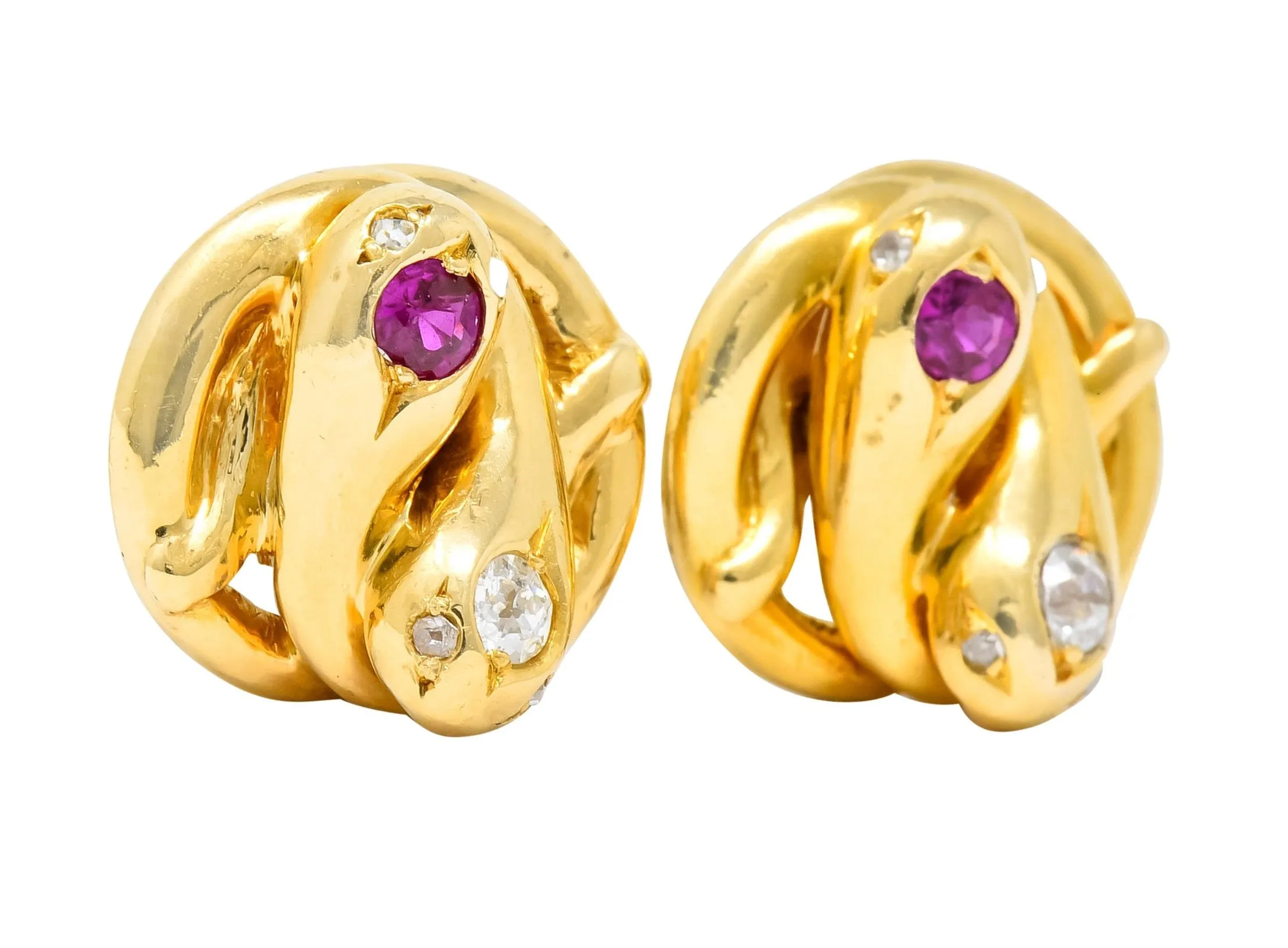 Victorian Diamond Ruby 18 Karat Yellow Gold Winding Snake Stud Earrings