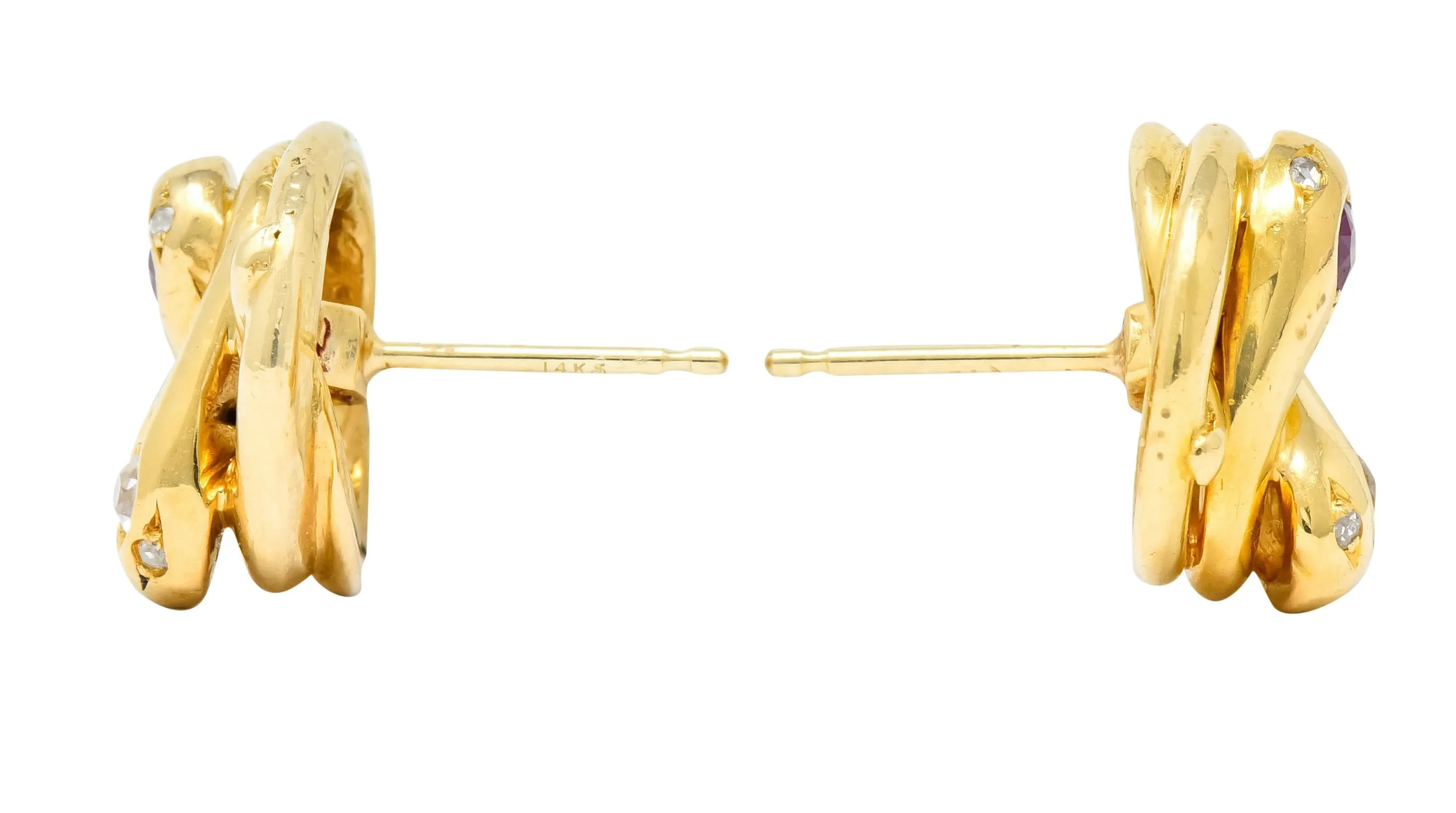 Victorian Diamond Ruby 18 Karat Yellow Gold Winding Snake Stud Earrings