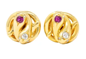 Victorian Diamond Ruby 18 Karat Yellow Gold Winding Snake Stud Earrings
