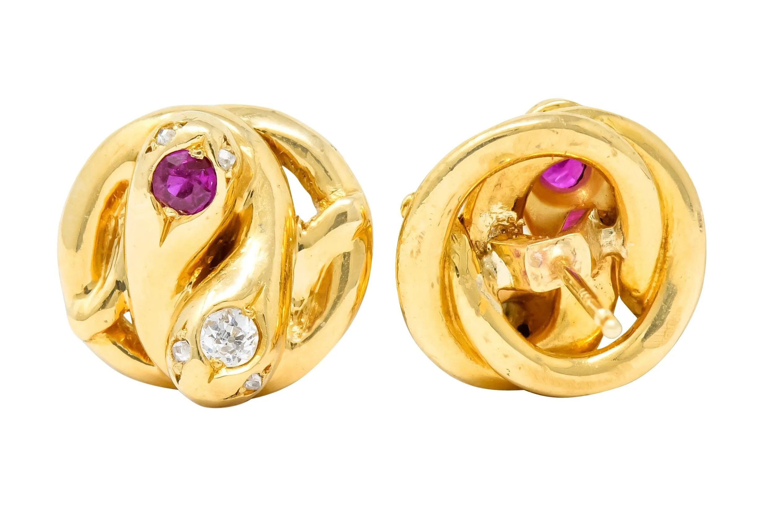 Victorian Diamond Ruby 18 Karat Yellow Gold Winding Snake Stud Earrings