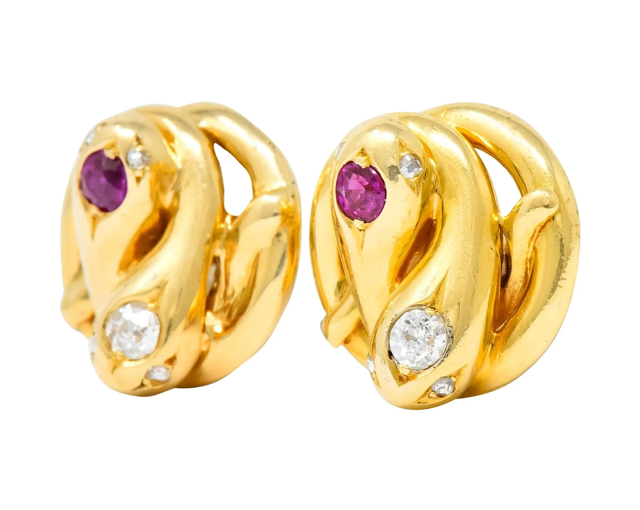 Victorian Diamond Ruby 18 Karat Yellow Gold Winding Snake Stud Earrings