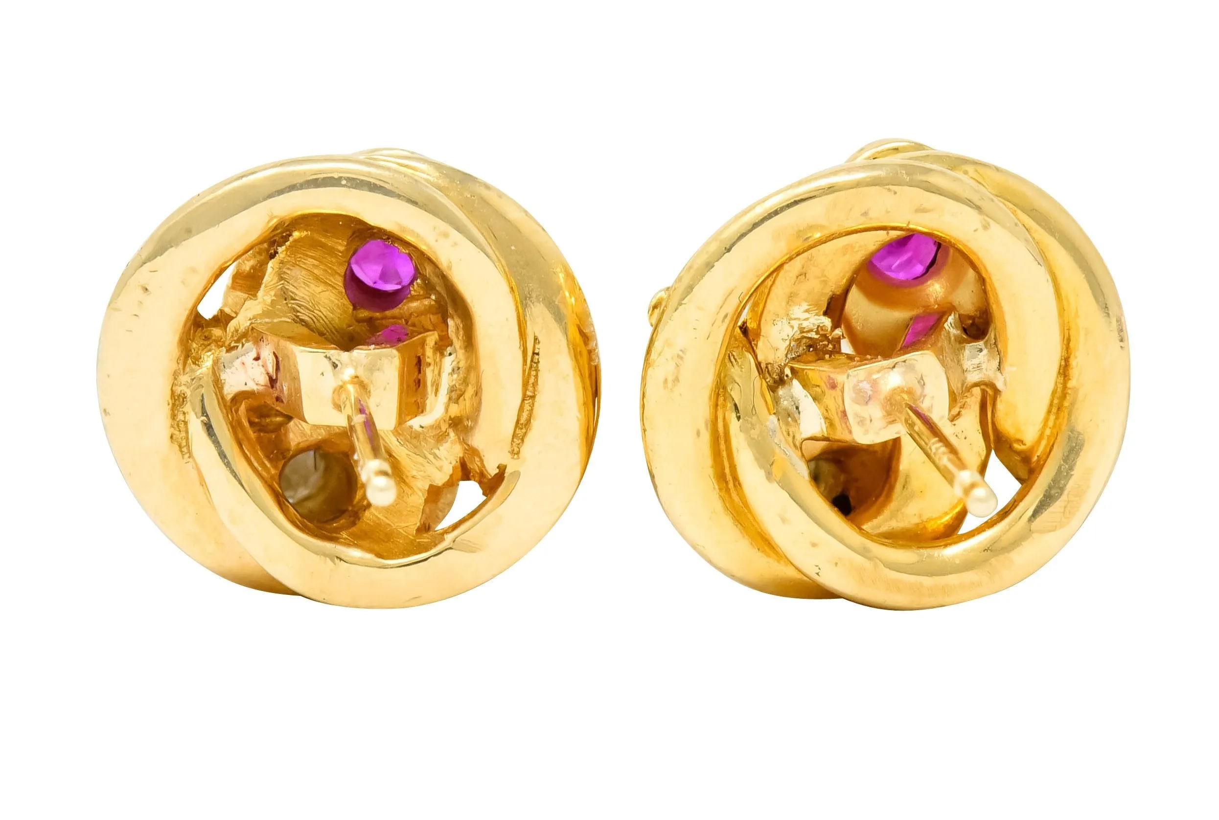 Victorian Diamond Ruby 18 Karat Yellow Gold Winding Snake Stud Earrings