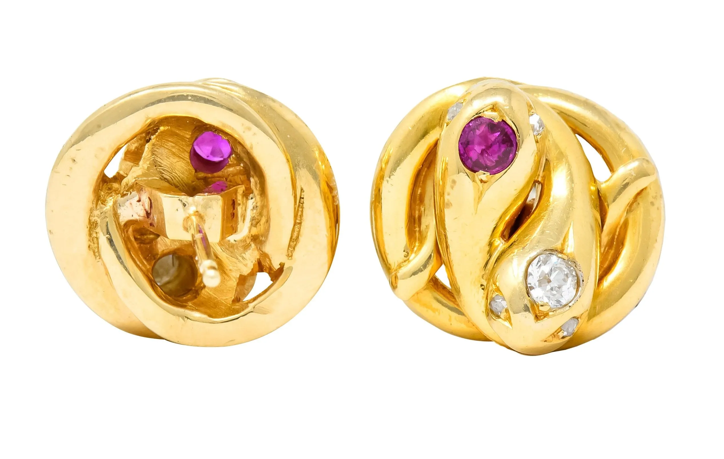 Victorian Diamond Ruby 18 Karat Yellow Gold Winding Snake Stud Earrings