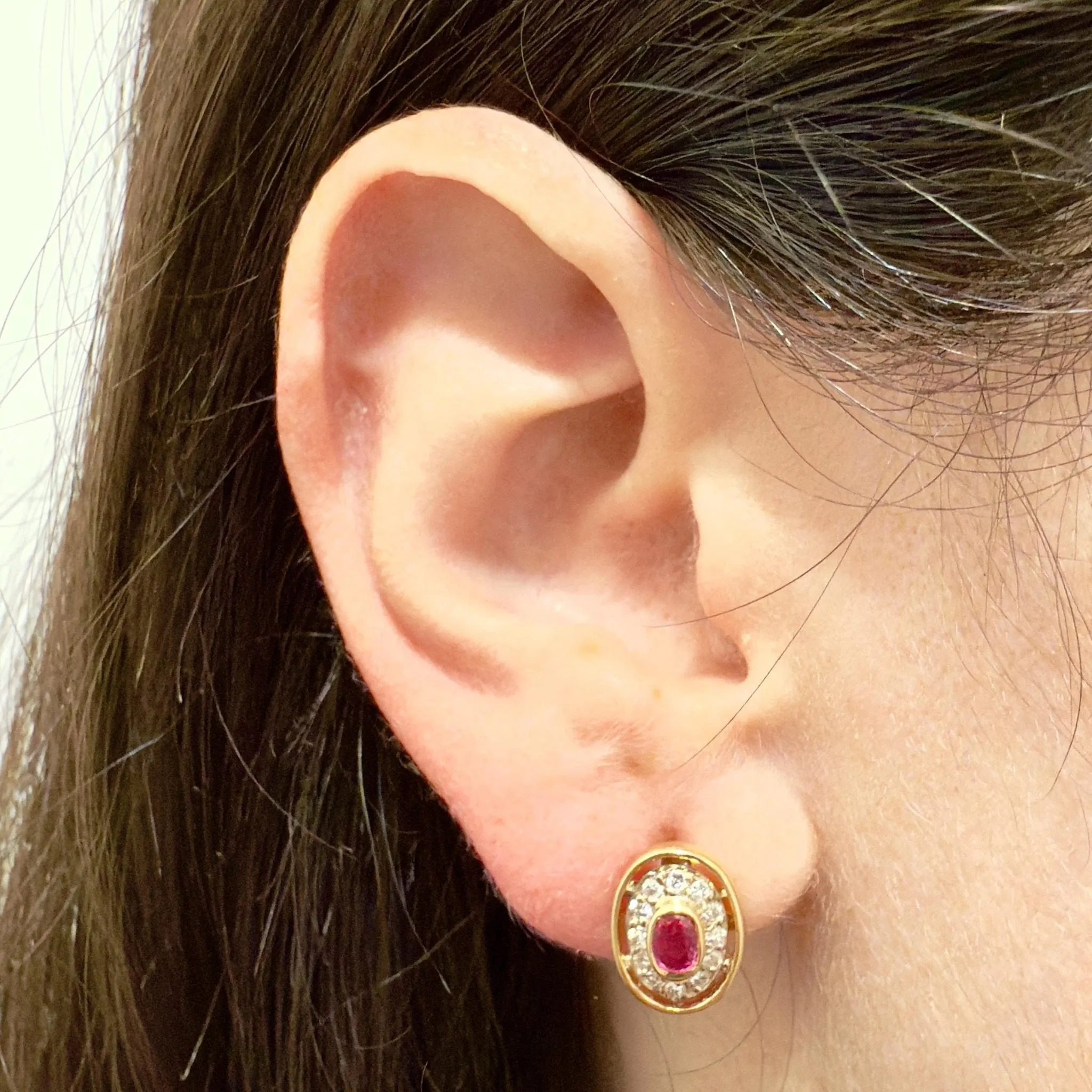 Vintage 14 Karat Yellow Gold Natural Diamond & Ruby Halo Earrings