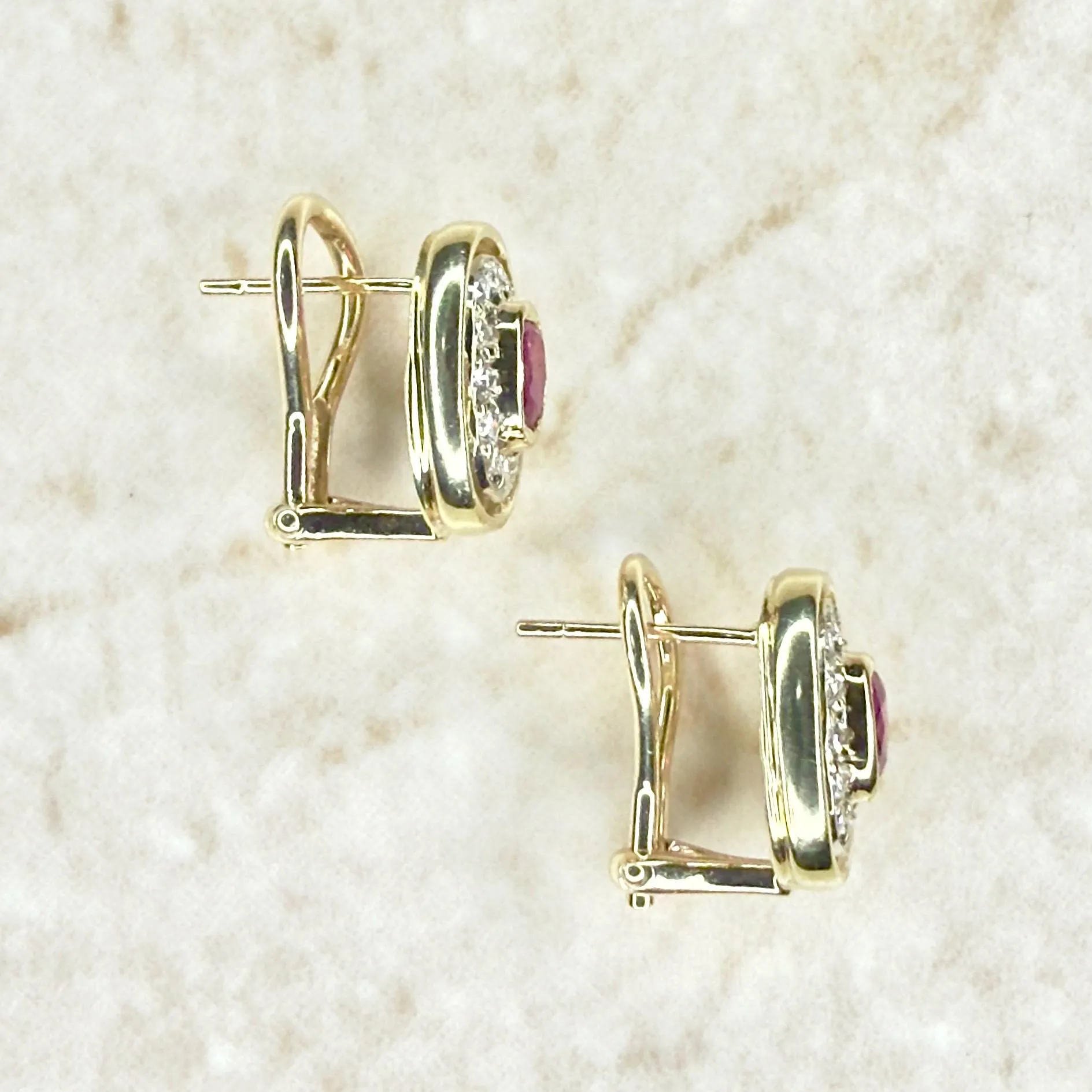 Vintage 14 Karat Yellow Gold Natural Diamond & Ruby Halo Earrings
