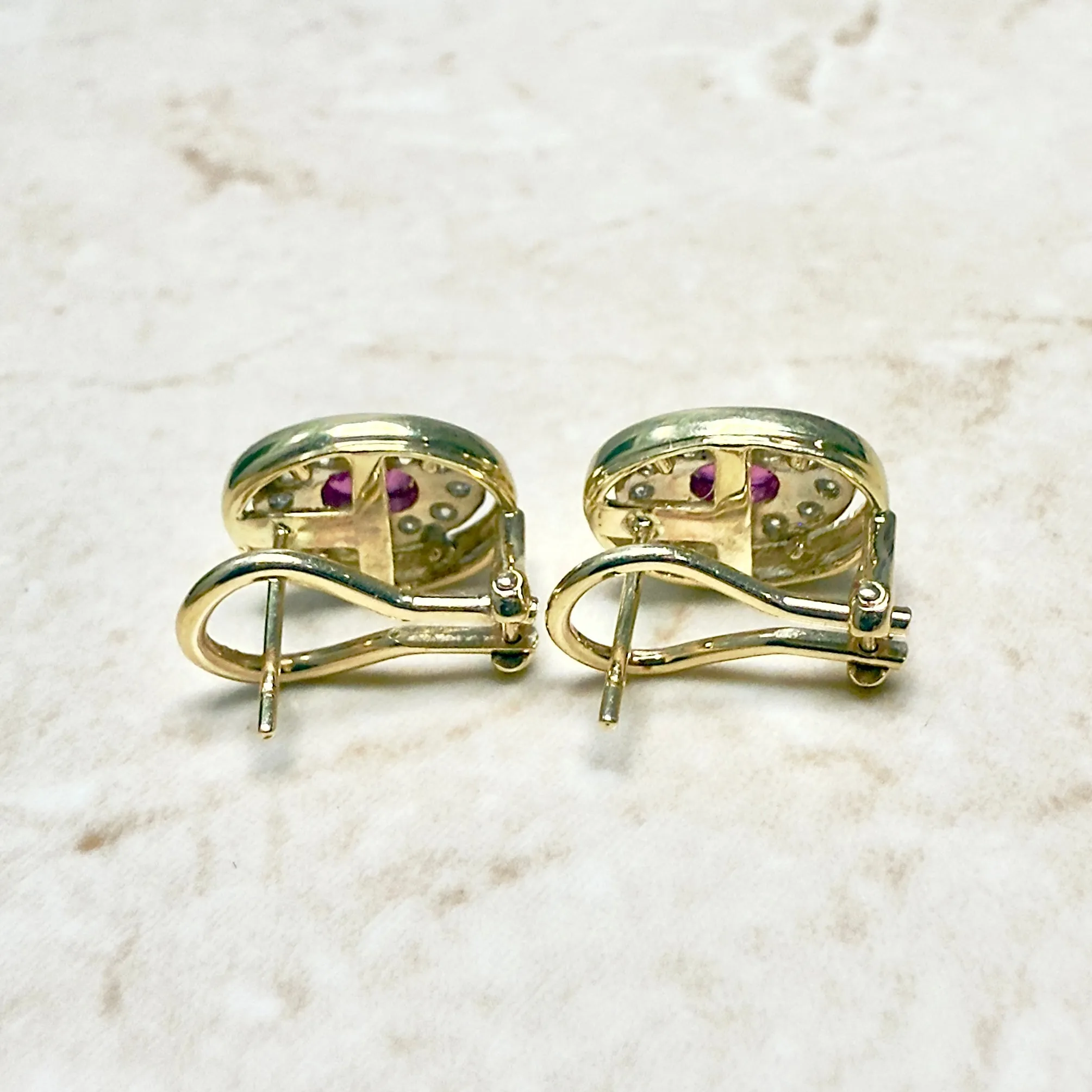 Vintage 14 Karat Yellow Gold Natural Diamond & Ruby Halo Earrings