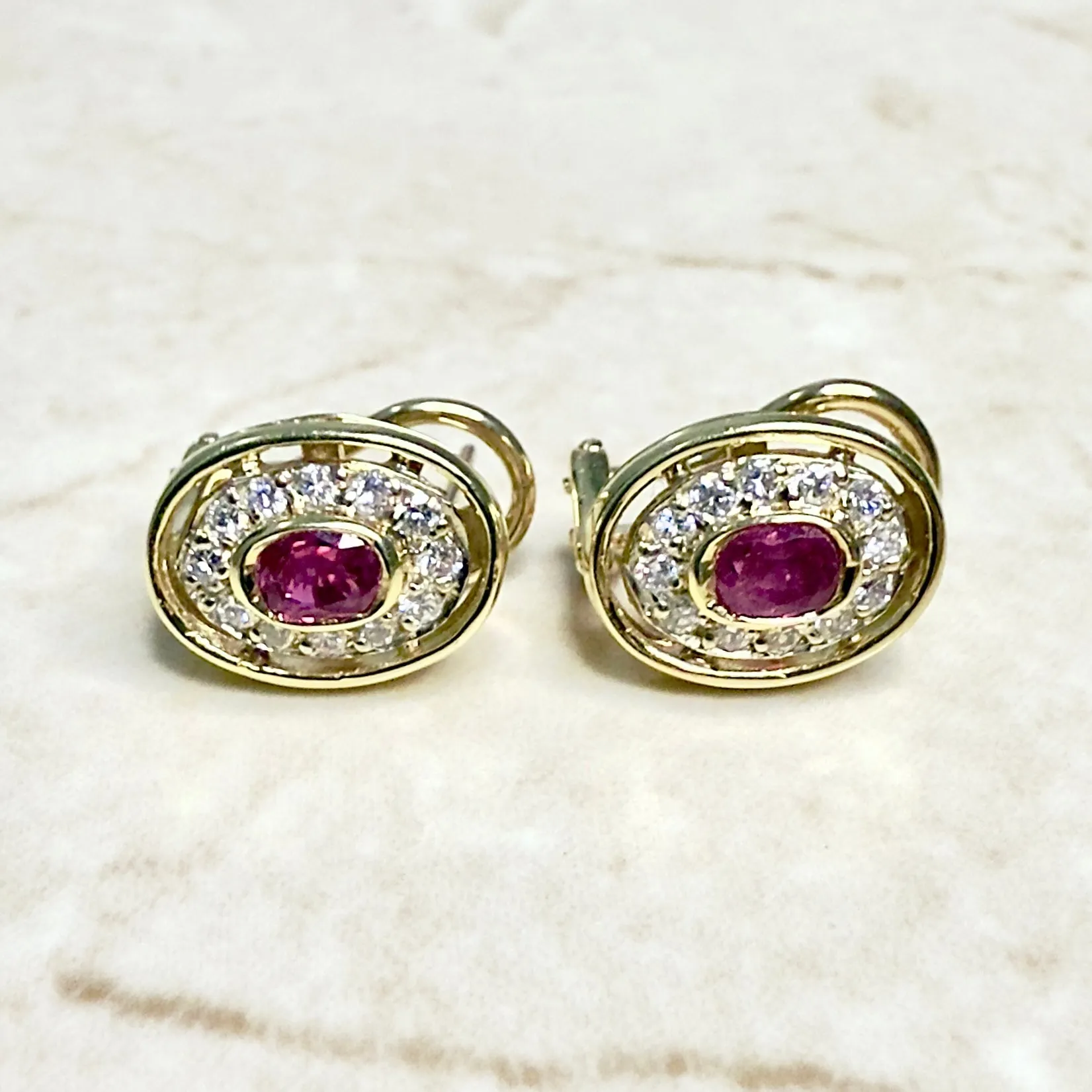 Vintage 14 Karat Yellow Gold Natural Diamond & Ruby Halo Earrings