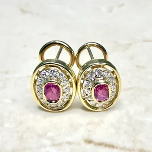 Vintage 14 Karat Yellow Gold Natural Diamond & Ruby Halo Earrings
