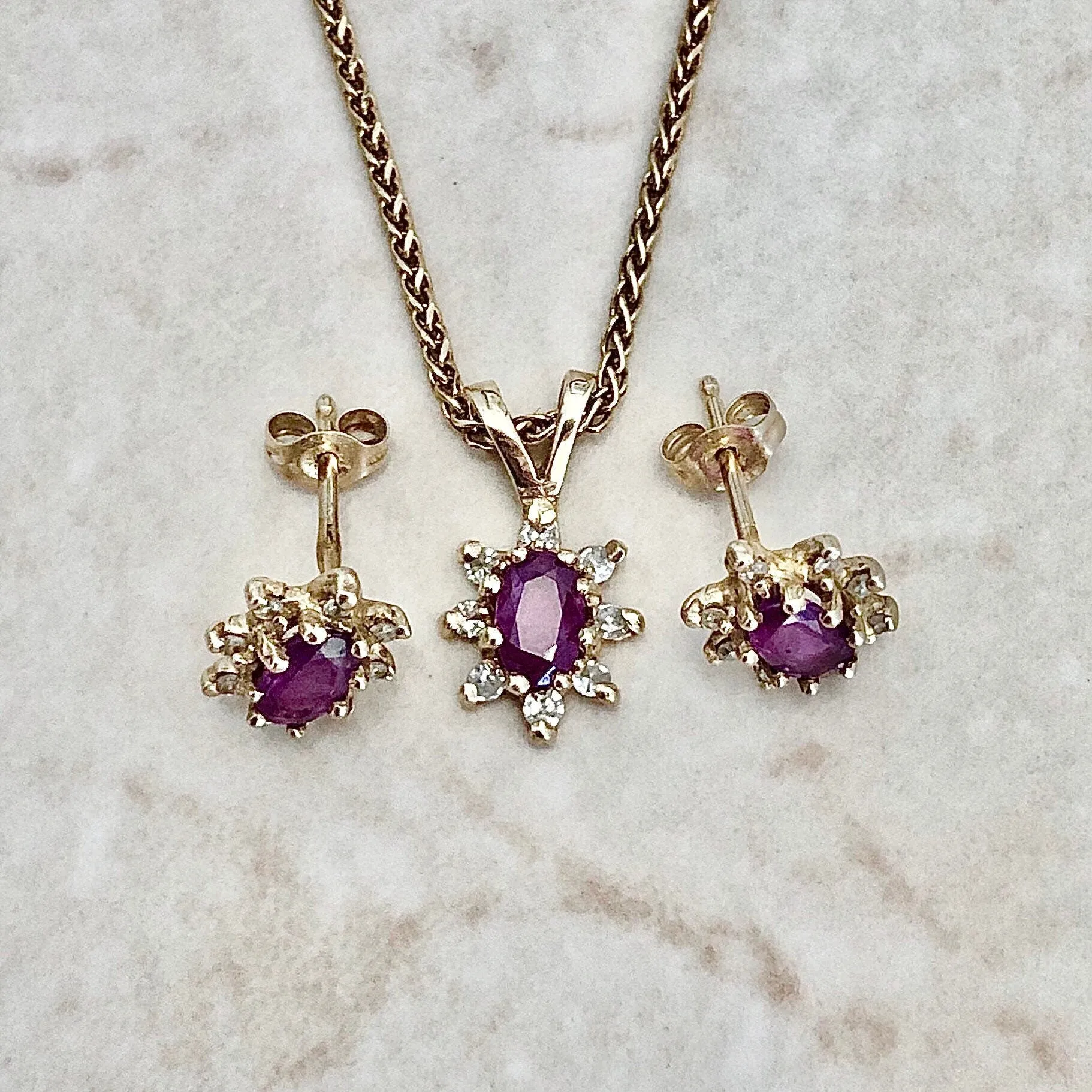 Vintage 14 Karat Yellow Gold Natural Ruby & Diamond Halo Pendant & Earrings Set