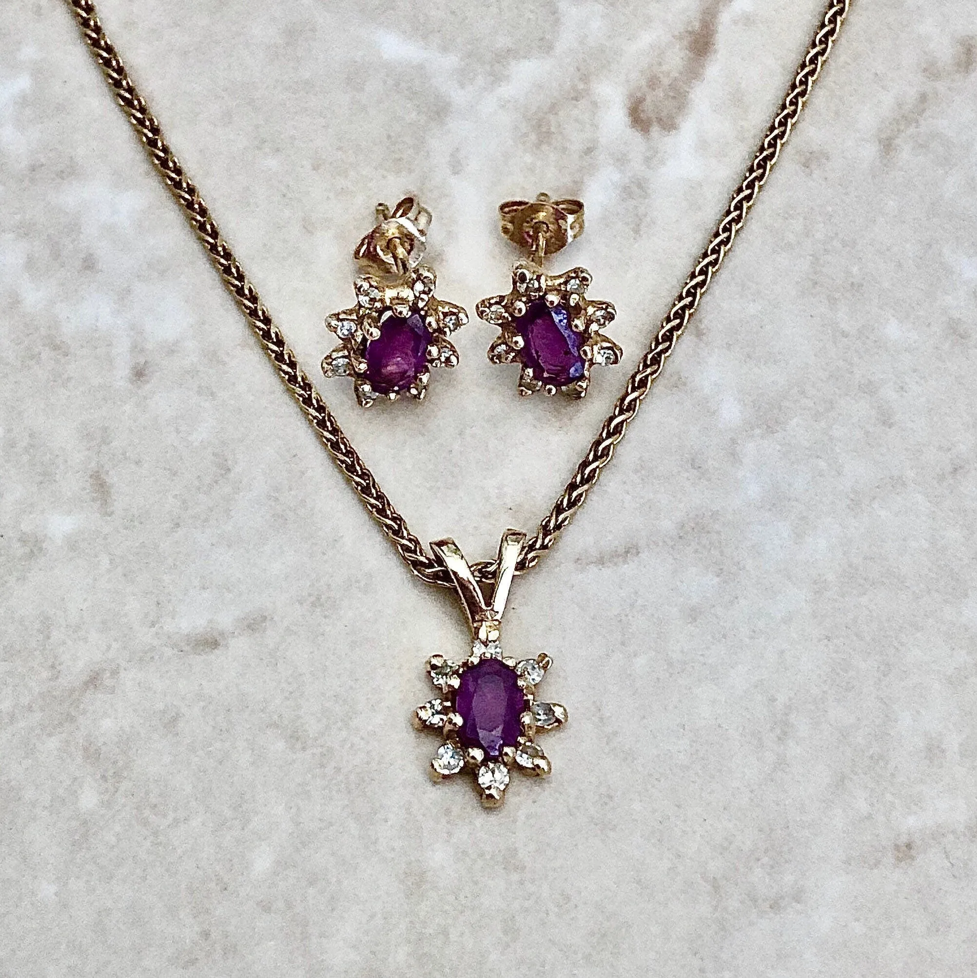 Vintage 14 Karat Yellow Gold Natural Ruby & Diamond Halo Pendant & Earrings Set