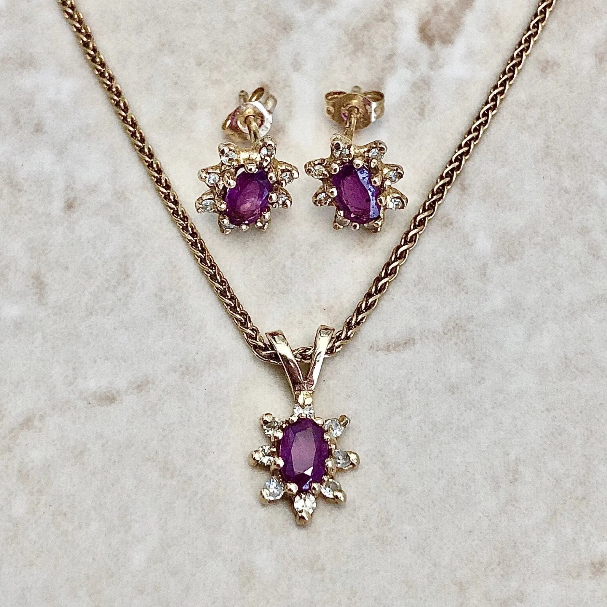 Vintage 14 Karat Yellow Gold Natural Ruby & Diamond Halo Pendant & Earrings Set