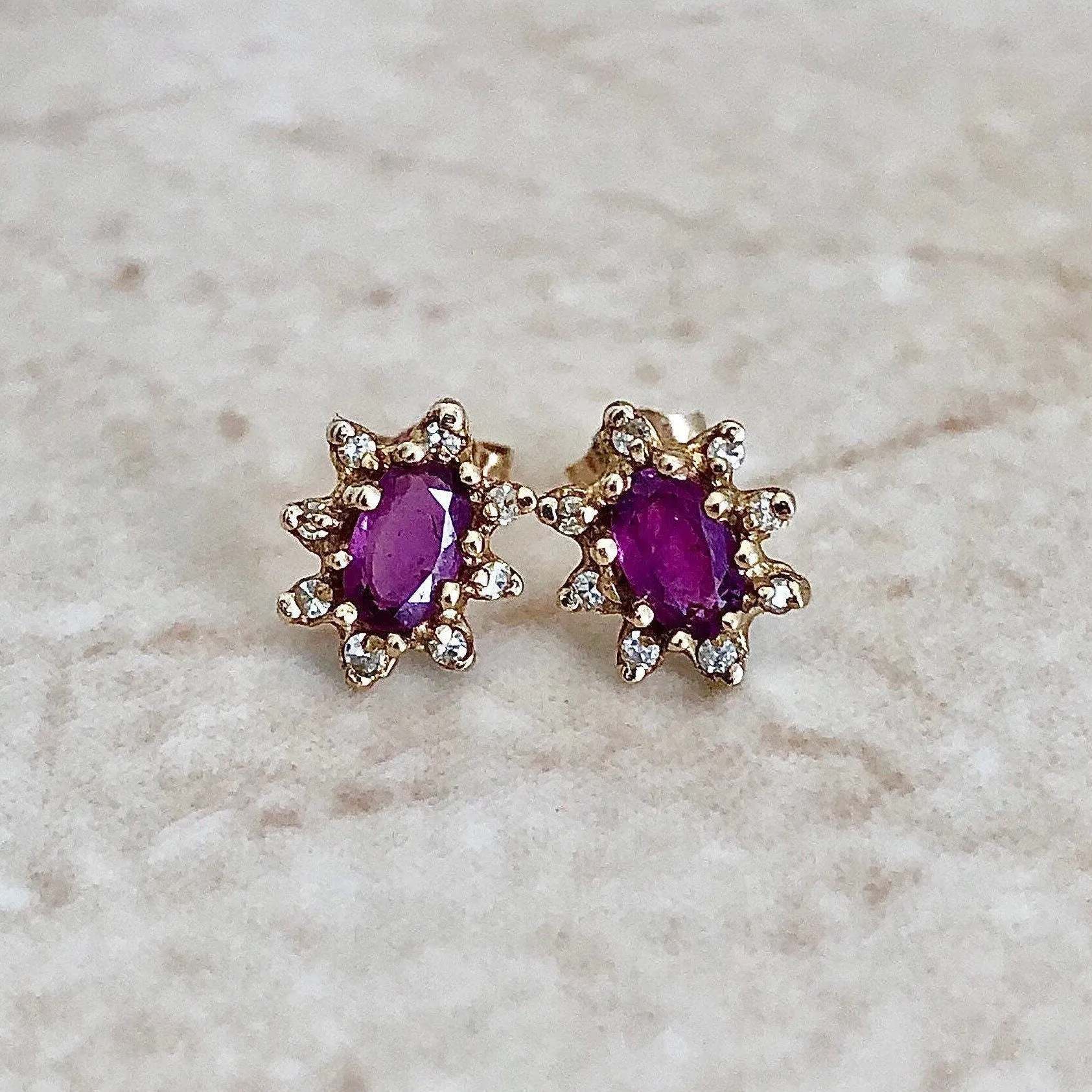 Vintage 14 Karat Yellow Gold Natural Ruby & Diamond Halo Pendant & Earrings Set