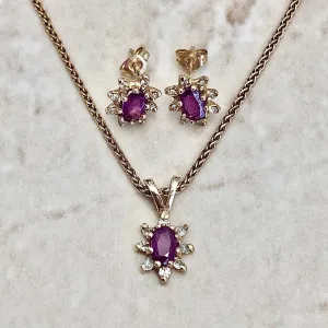 Vintage 14 Karat Yellow Gold Natural Ruby & Diamond Halo Pendant & Earrings Set