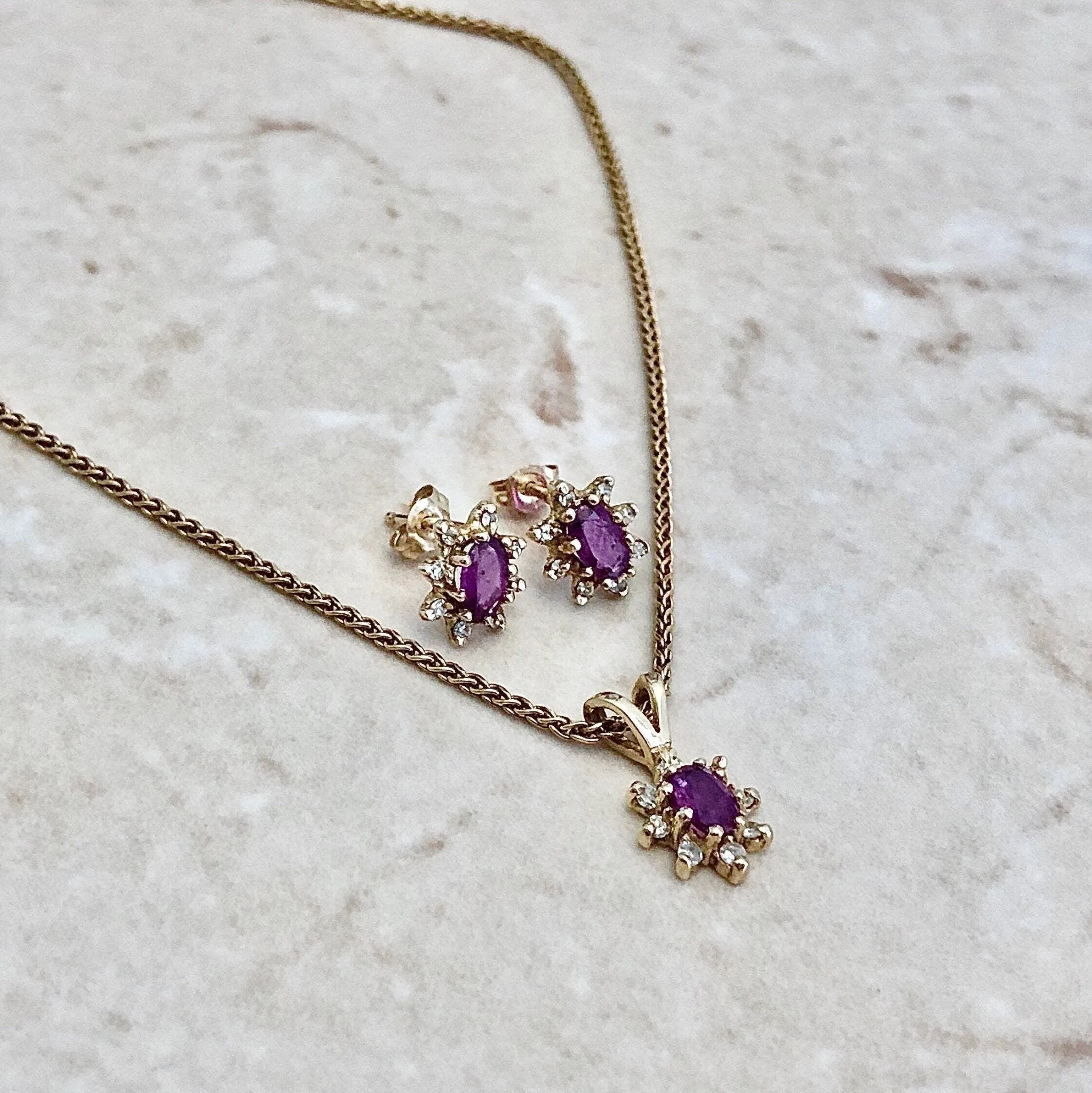 Vintage 14 Karat Yellow Gold Natural Ruby & Diamond Halo Pendant & Earrings Set