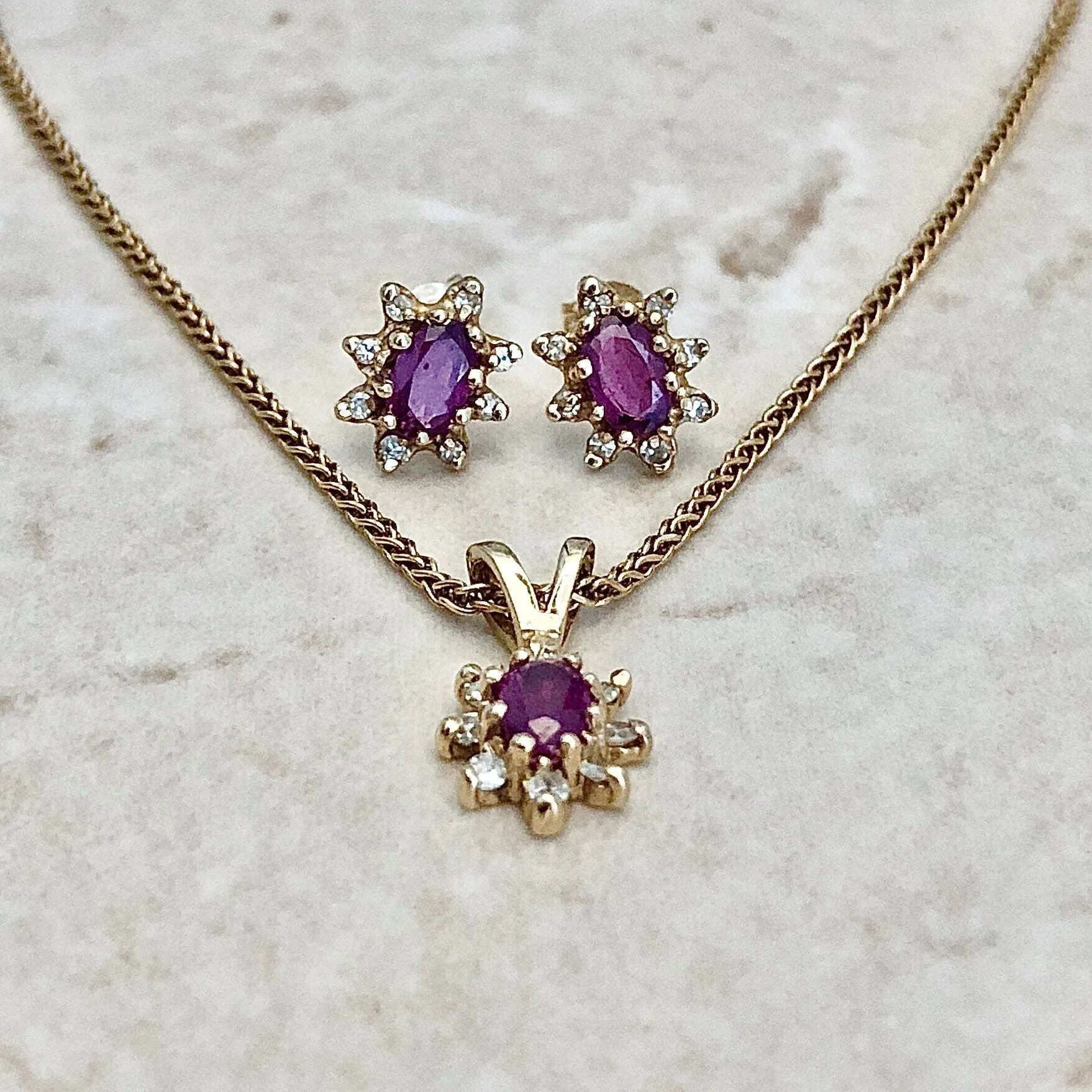 Vintage 14 Karat Yellow Gold Natural Ruby & Diamond Halo Pendant & Earrings Set