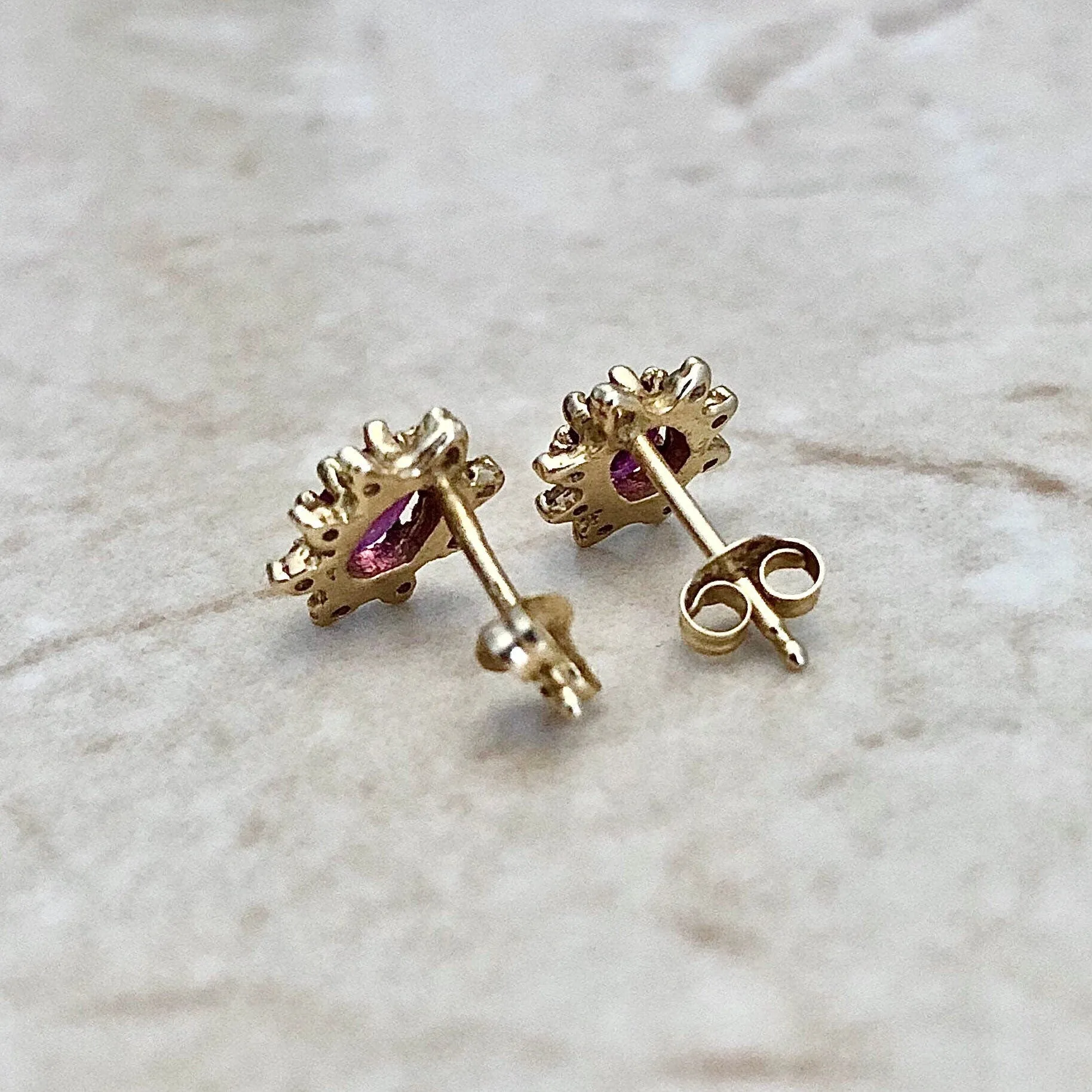 Vintage 14 Karat Yellow Gold Natural Ruby & Diamond Halo Pendant & Earrings Set