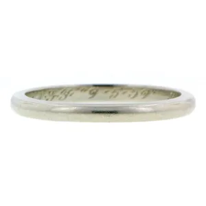 Vintage Half Round Wedding Band "9-5-59", White Gold, Size 5.25