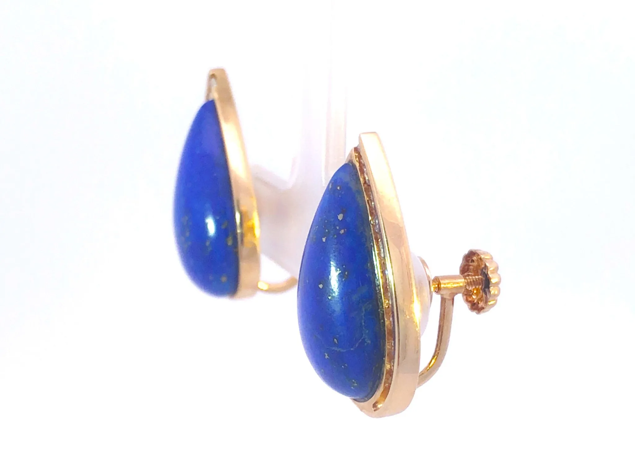 Vintage Lapis Lazuli and Diamond Pear Shape Earrings in 14K Yellow Gold