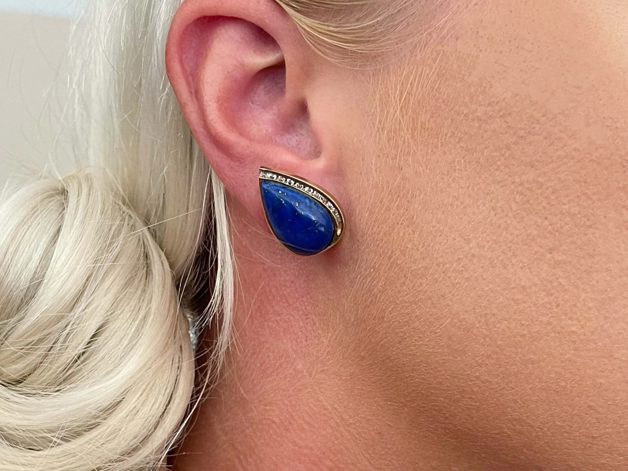 Vintage Lapis Lazuli and Diamond Pear Shape Earrings in 14K Yellow Gold