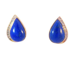 Vintage Lapis Lazuli and Diamond Pear Shape Earrings in 14K Yellow Gold