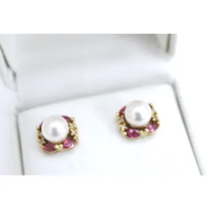 VTG Cultured Pearl, Ruby and Diamond 14K Earrings Post Stud Pierced 4 Grams
