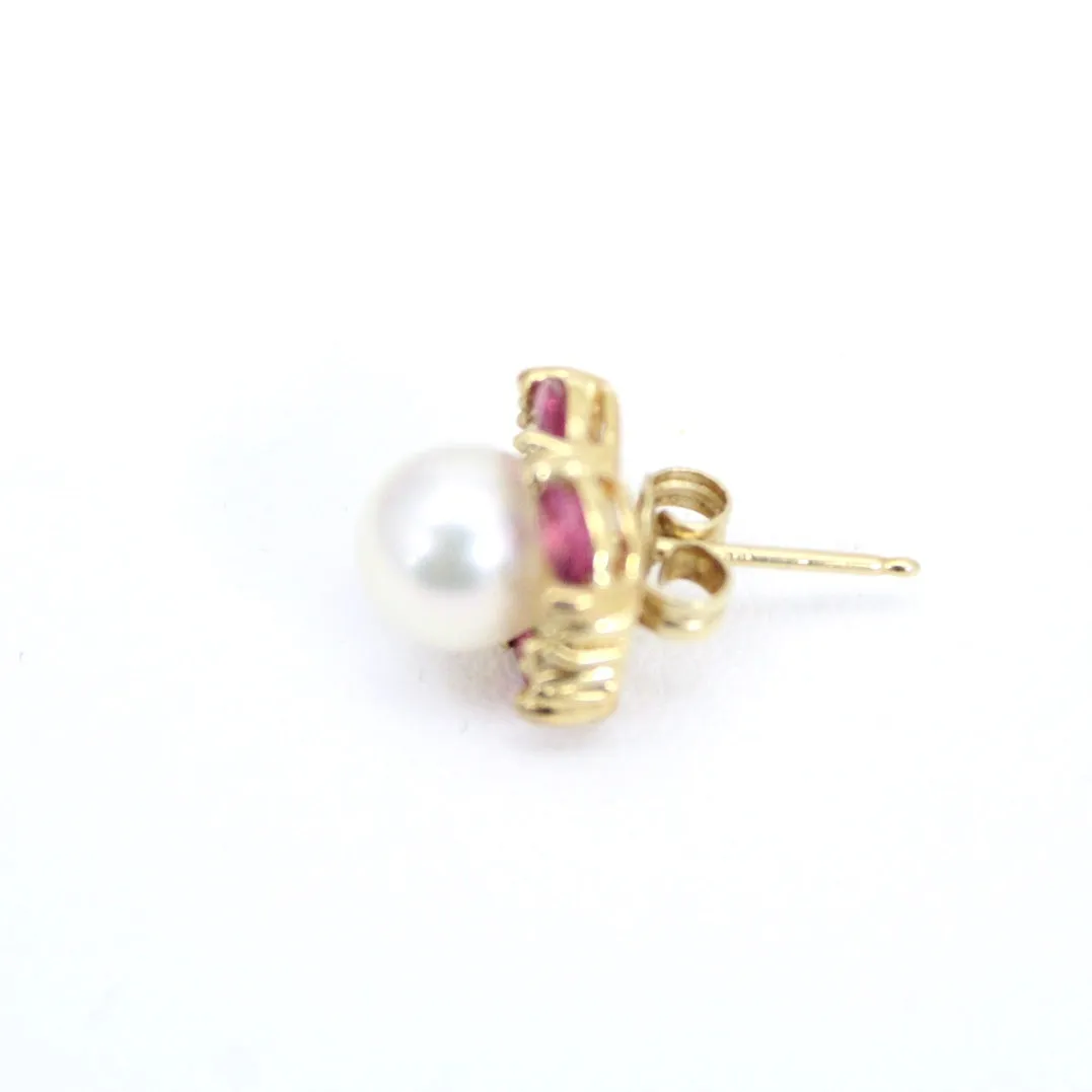 VTG Cultured Pearl, Ruby and Diamond 14K Earrings Post Stud Pierced 4 Grams