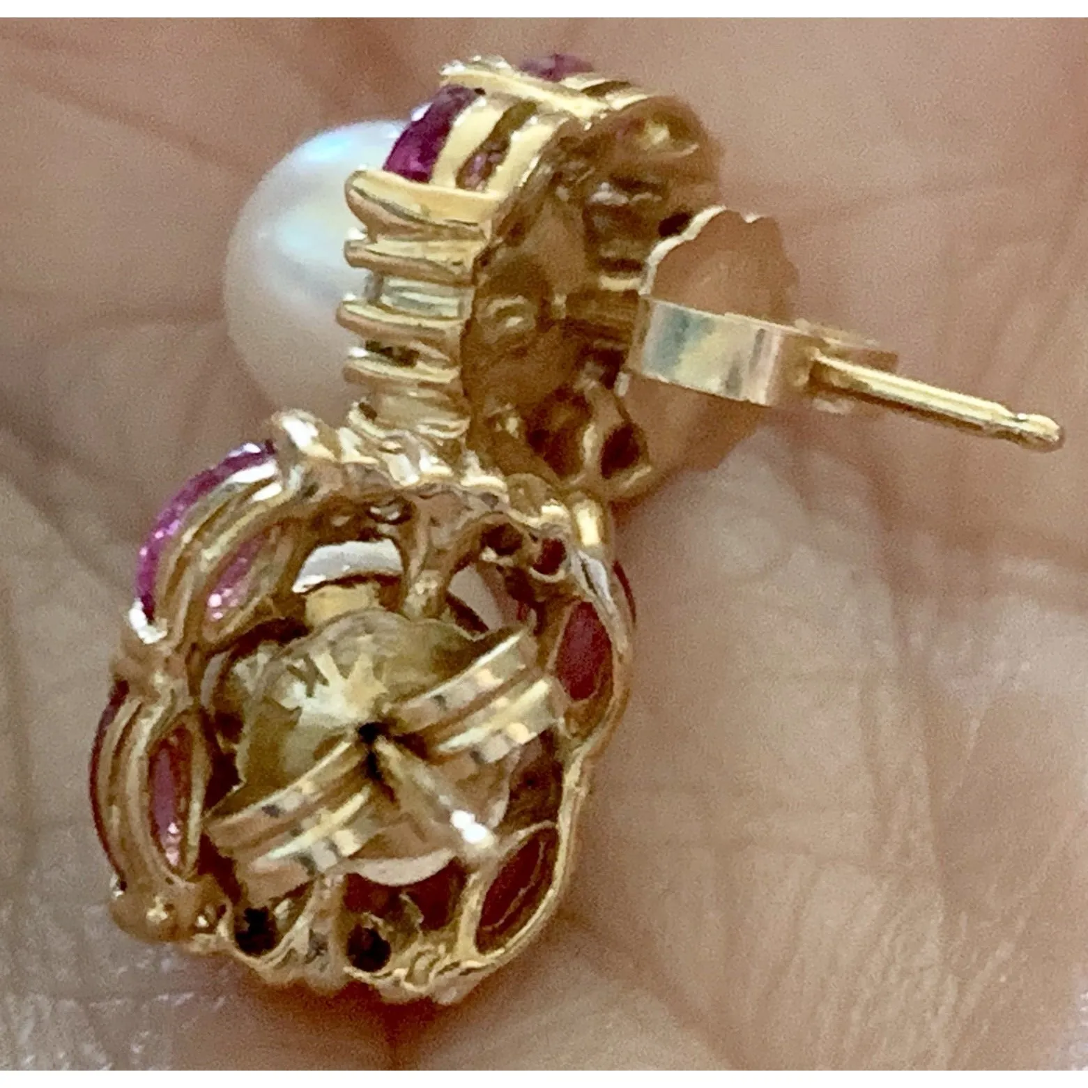 VTG Cultured Pearl, Ruby and Diamond 14K Earrings Post Stud Pierced 4 Grams