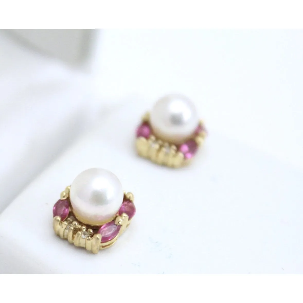 VTG Cultured Pearl, Ruby and Diamond 14K Earrings Post Stud Pierced 4 Grams