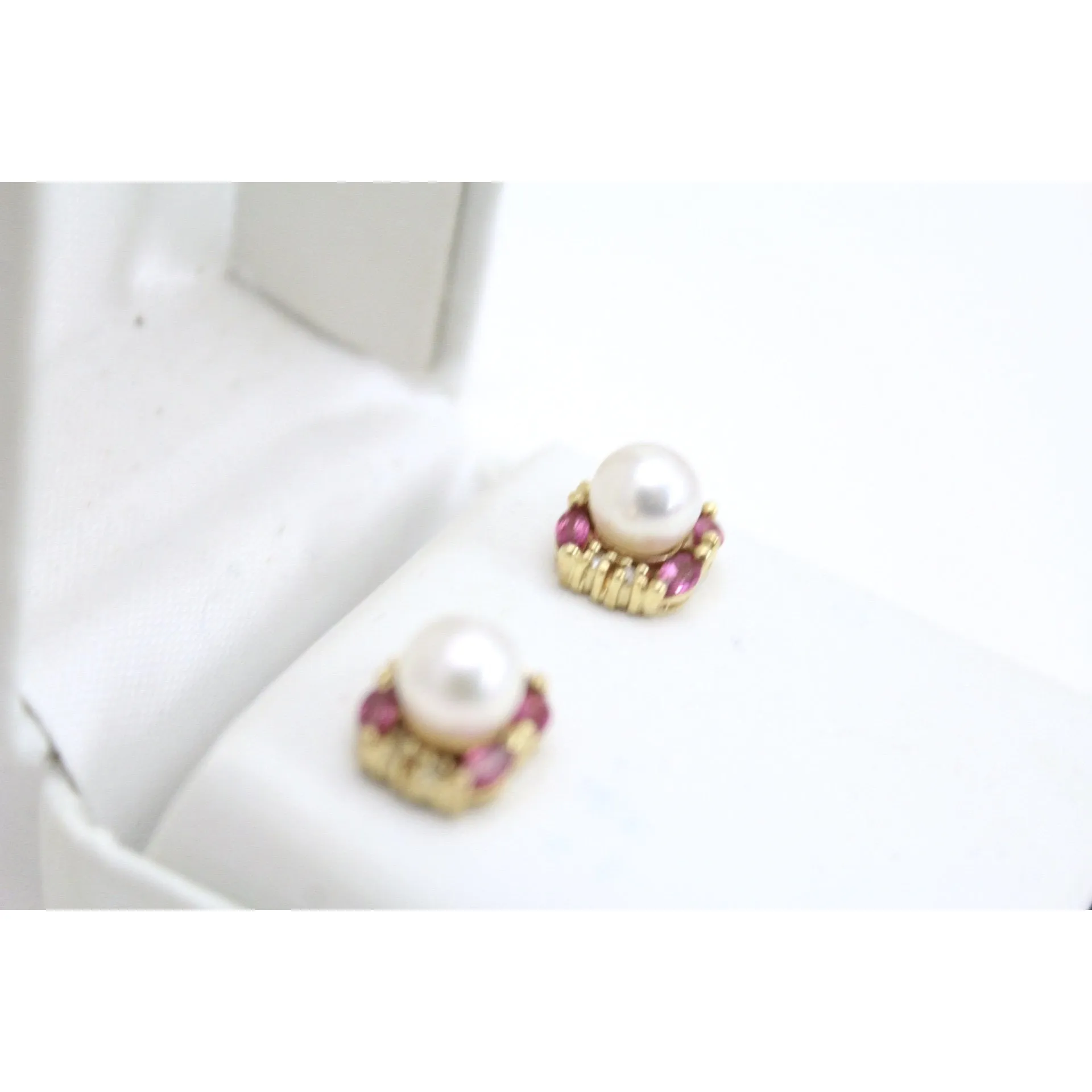 VTG Cultured Pearl, Ruby and Diamond 14K Earrings Post Stud Pierced 4 Grams