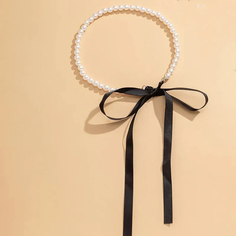 Wedding Party Jewelry Long Black Ribbon Choker Necklace For Women Elegant White Imitation Pearl Beach Vacation Necklaces