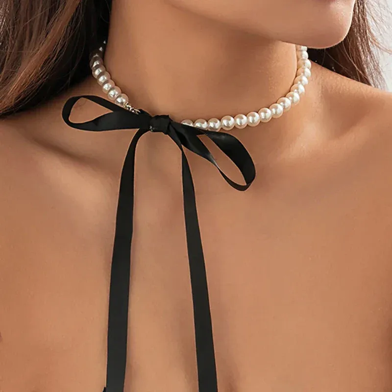 Wedding Party Jewelry Long Black Ribbon Choker Necklace For Women Elegant White Imitation Pearl Beach Vacation Necklaces