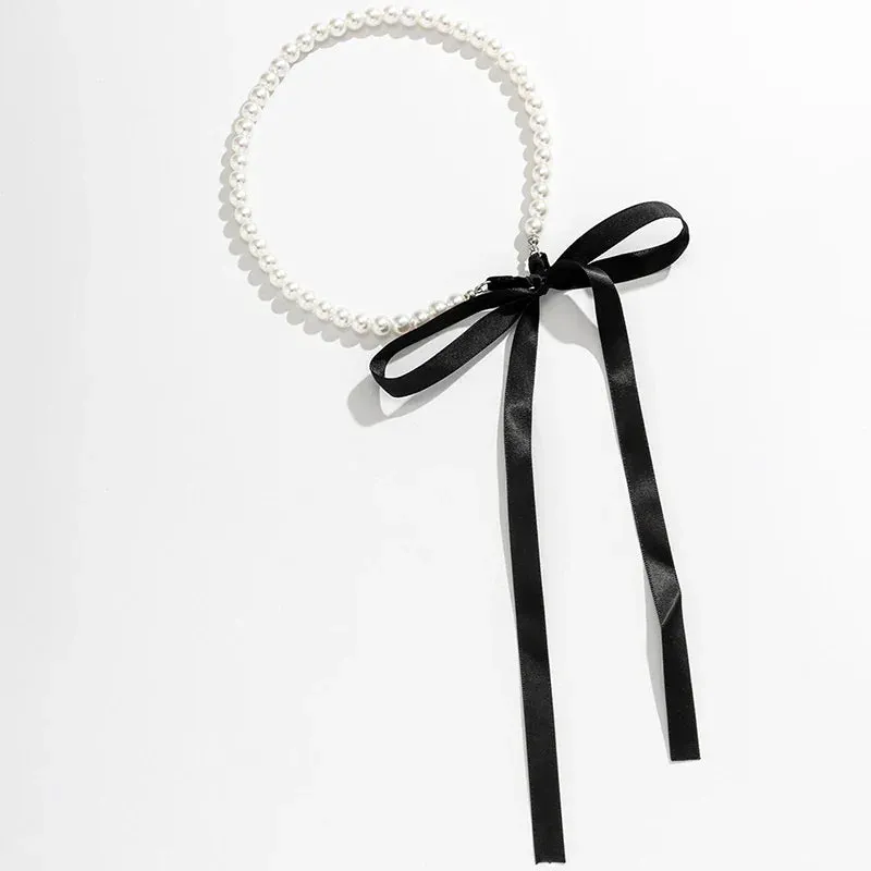 Wedding Party Jewelry Long Black Ribbon Choker Necklace For Women Elegant White Imitation Pearl Beach Vacation Necklaces