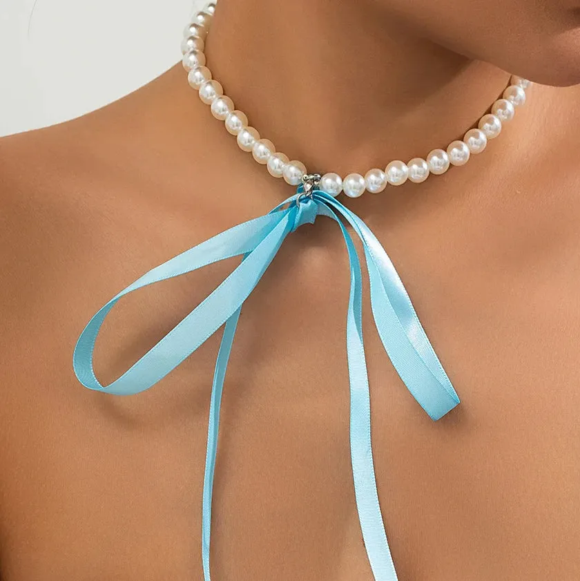 Wedding Party Jewelry Long Black Ribbon Choker Necklace For Women Elegant White Imitation Pearl Beach Vacation Necklaces