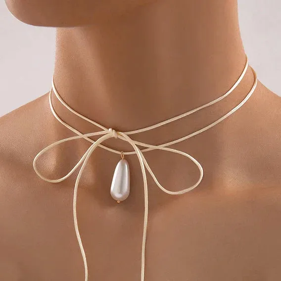 Wedding Party Jewelry Long Black Ribbon Choker Necklace For Women Elegant White Imitation Pearl Beach Vacation Necklaces