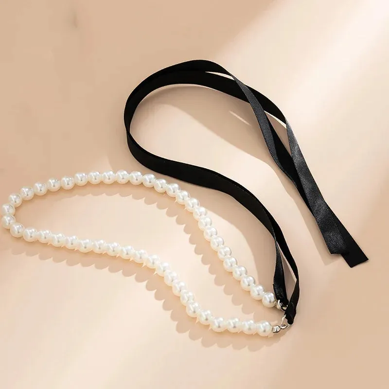 Wedding Party Jewelry Long Black Ribbon Choker Necklace For Women Elegant White Imitation Pearl Beach Vacation Necklaces