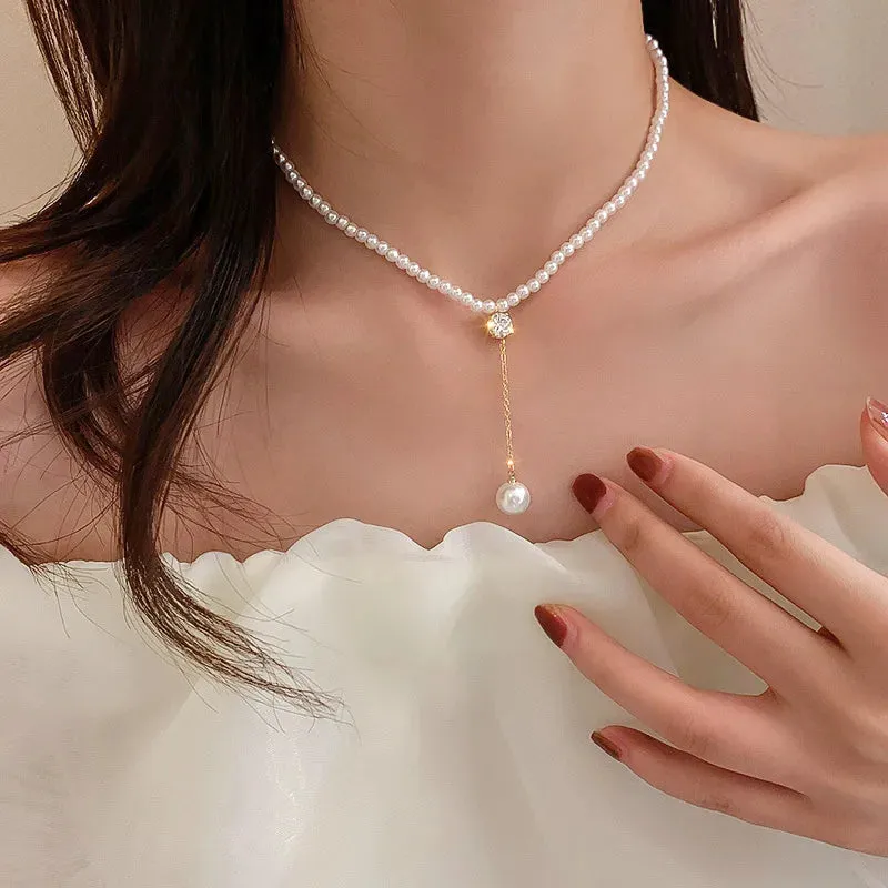 Wedding Party Jewelry Long Black Ribbon Choker Necklace For Women Elegant White Imitation Pearl Beach Vacation Necklaces