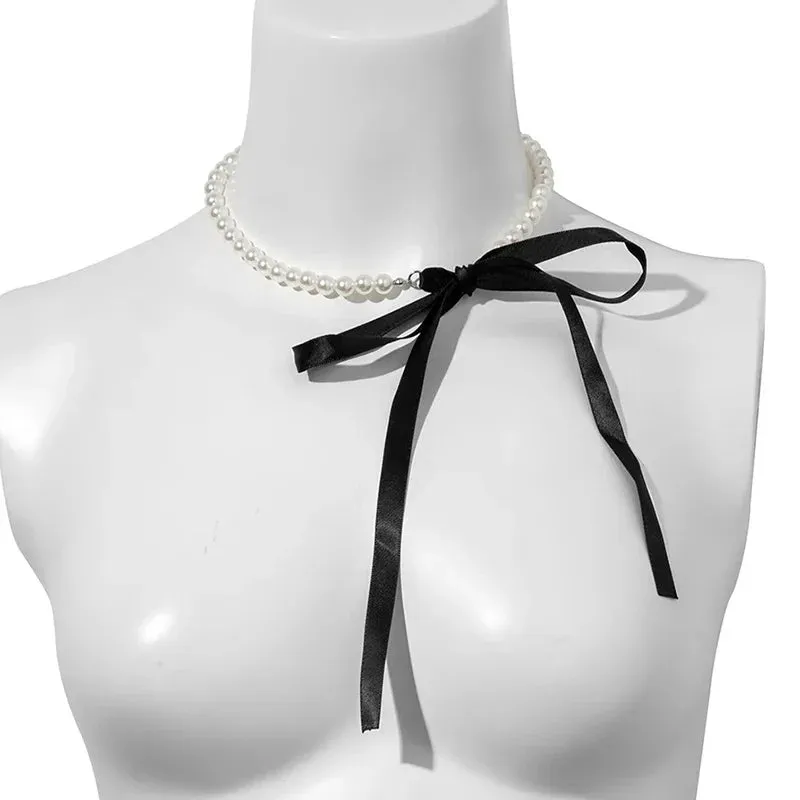 Wedding Party Jewelry Long Black Ribbon Choker Necklace For Women Elegant White Imitation Pearl Beach Vacation Necklaces