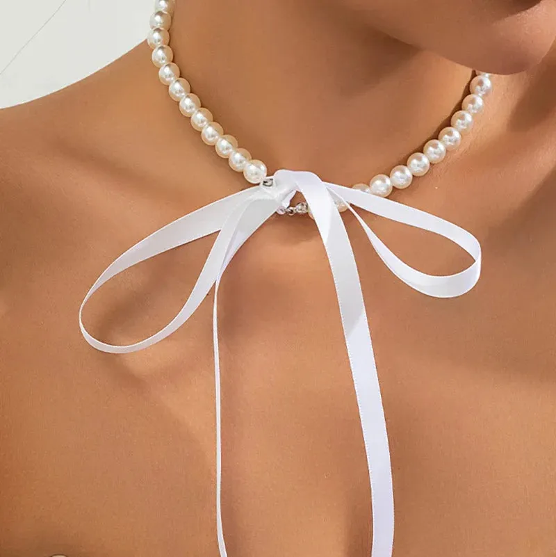 Wedding Party Jewelry Long Black Ribbon Choker Necklace For Women Elegant White Imitation Pearl Beach Vacation Necklaces