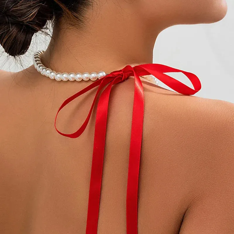 Wedding Party Jewelry Long Black Ribbon Choker Necklace For Women Elegant White Imitation Pearl Beach Vacation Necklaces