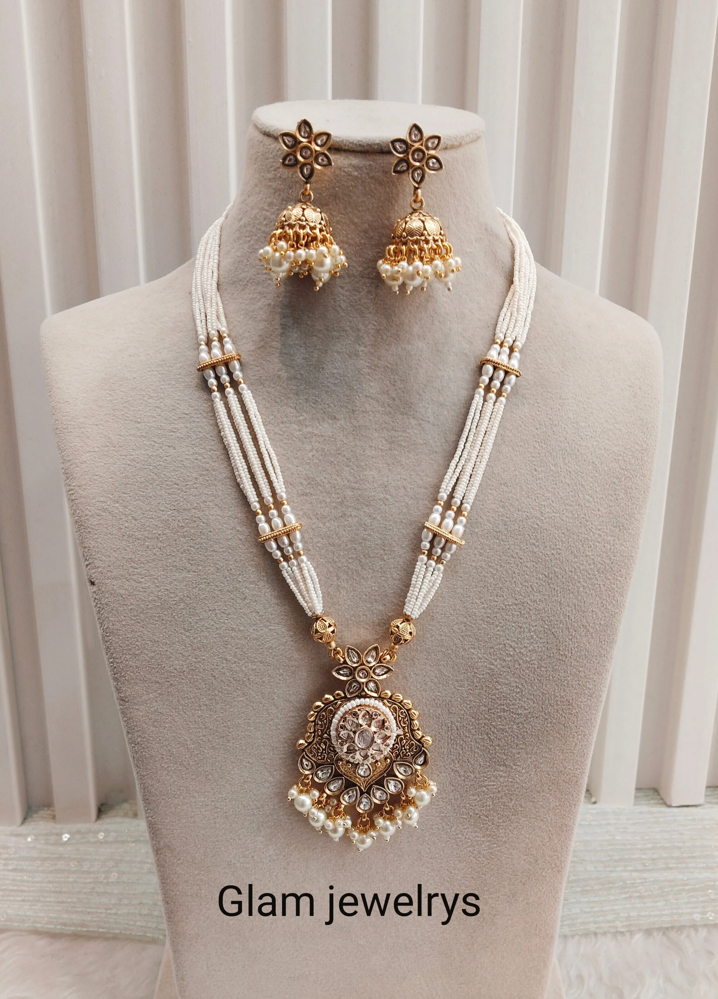 White Gold Polki Long Rani Haar Necklace Indian Jewellery Maxwel Set