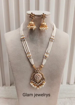 White Gold Polki Long Rani Haar Necklace Indian Jewellery Maxwel Set