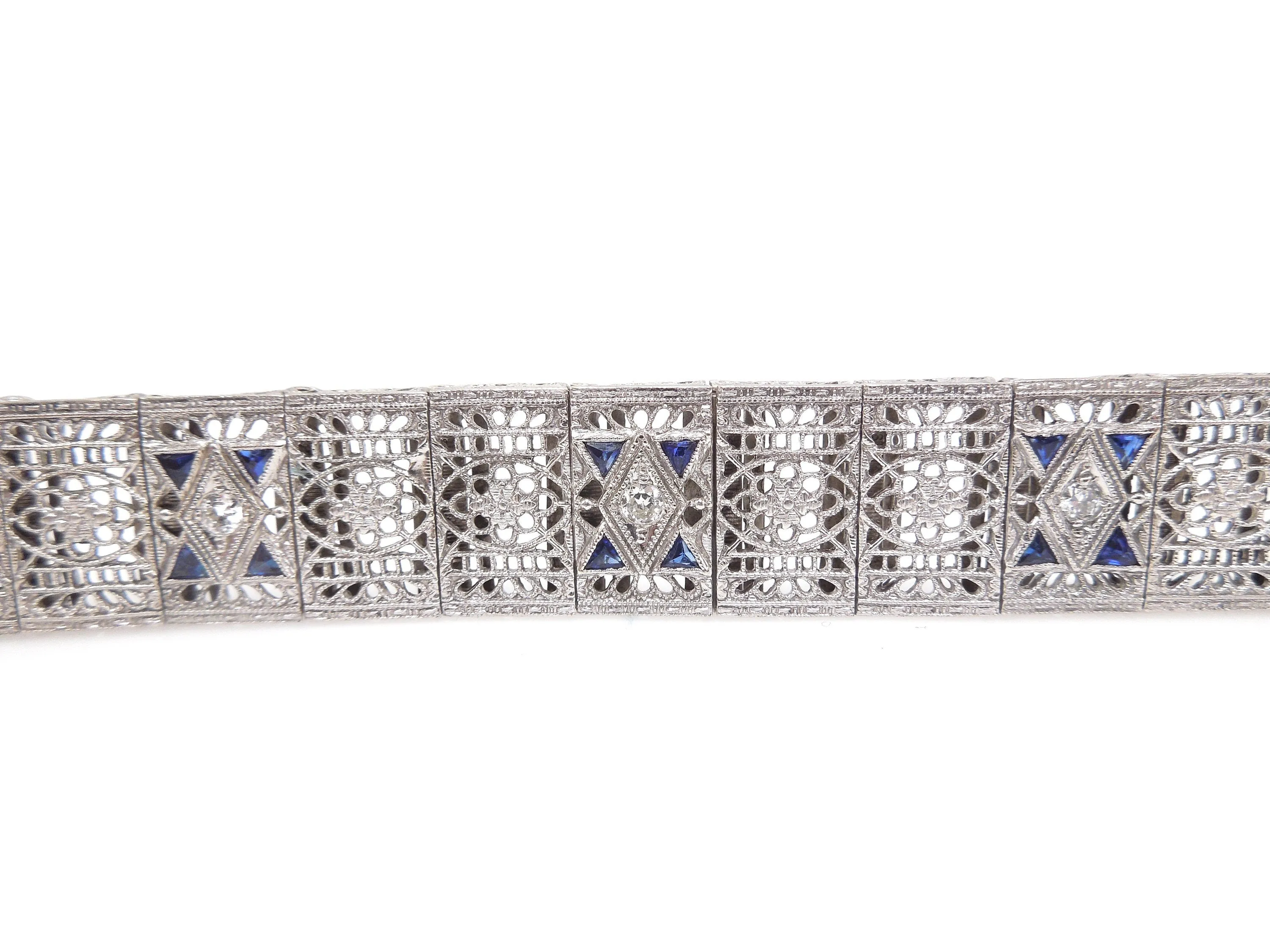 Wide Antique Art Deco Platinum and White Gold Filigree Link Bracelet with Diamonds and Sapphires