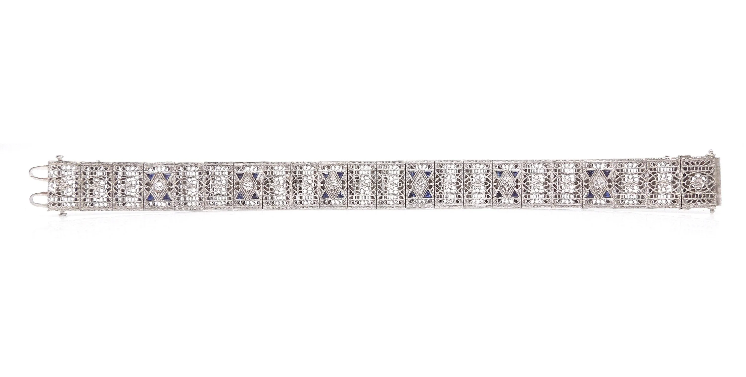Wide Antique Art Deco Platinum and White Gold Filigree Link Bracelet with Diamonds and Sapphires