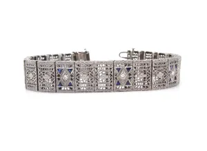 Wide Antique Art Deco Platinum and White Gold Filigree Link Bracelet with Diamonds and Sapphires