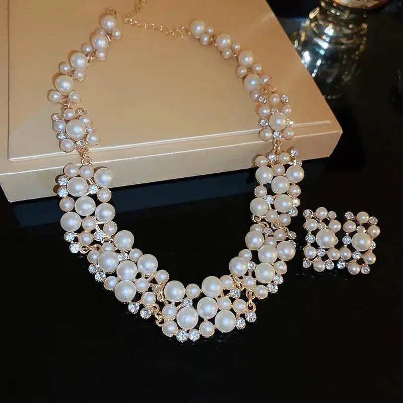 Women Elegant Pearl Clavicle Chain Collares Ladies Short Pendant Necklaces Earrings Choker Jewelry set