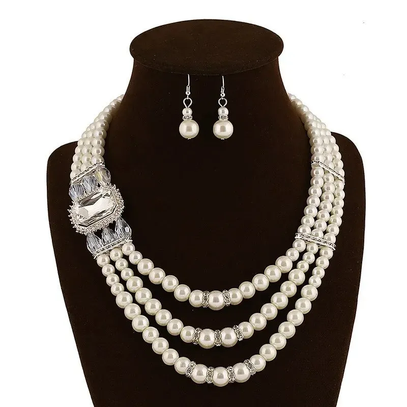 Women Elegant Pearl Clavicle Chain Collares Ladies Short Pendant Necklaces Earrings Choker Jewelry set