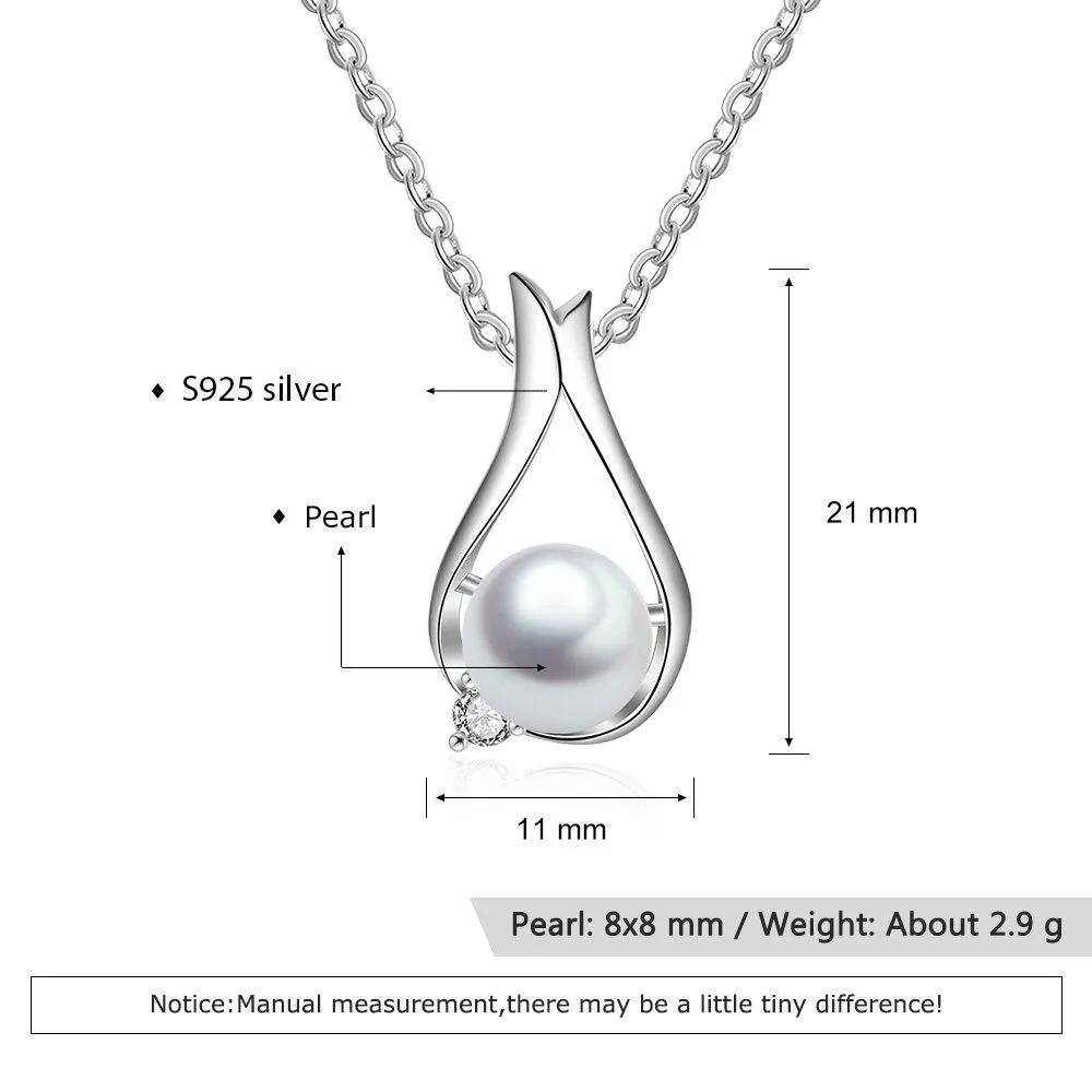 Women’s 925 Sterling Silver Necklace & Water Drop Shape Pendant with Pearl, Classic Fine Jewelry for Ladies