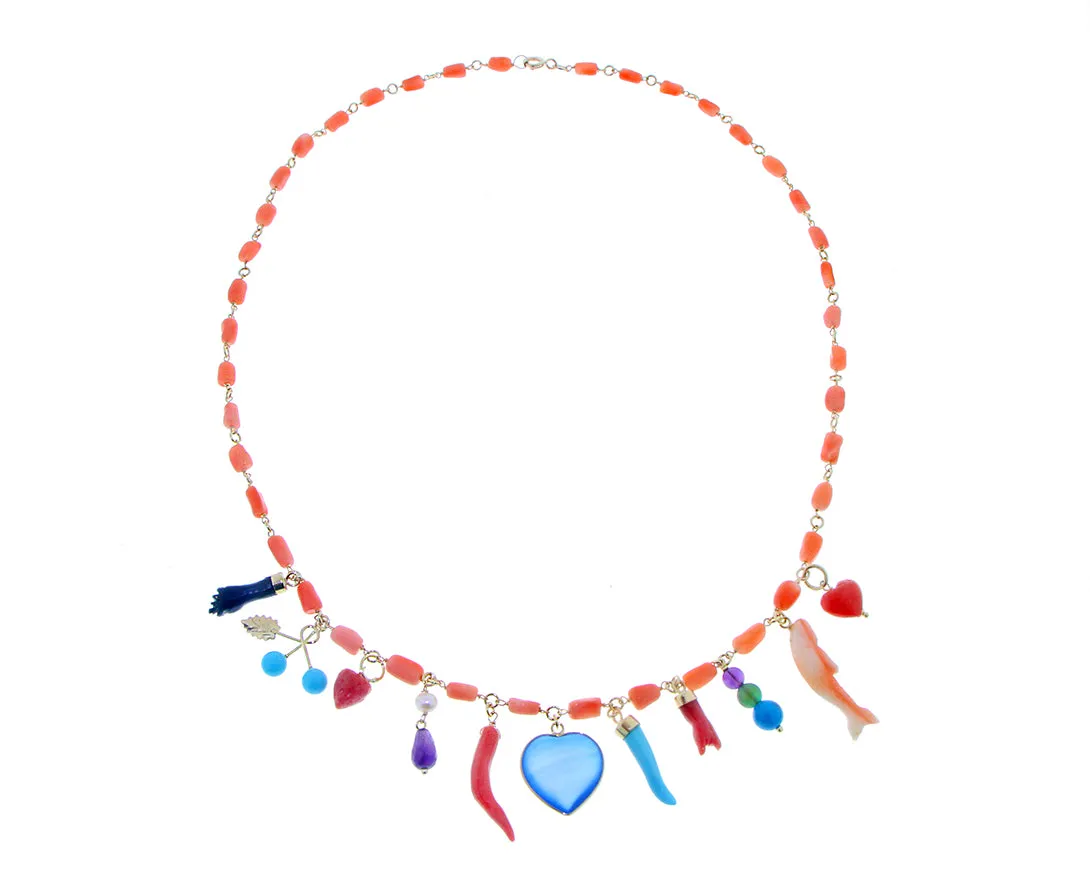 Yellow gold coral or turquois necklaces with charms