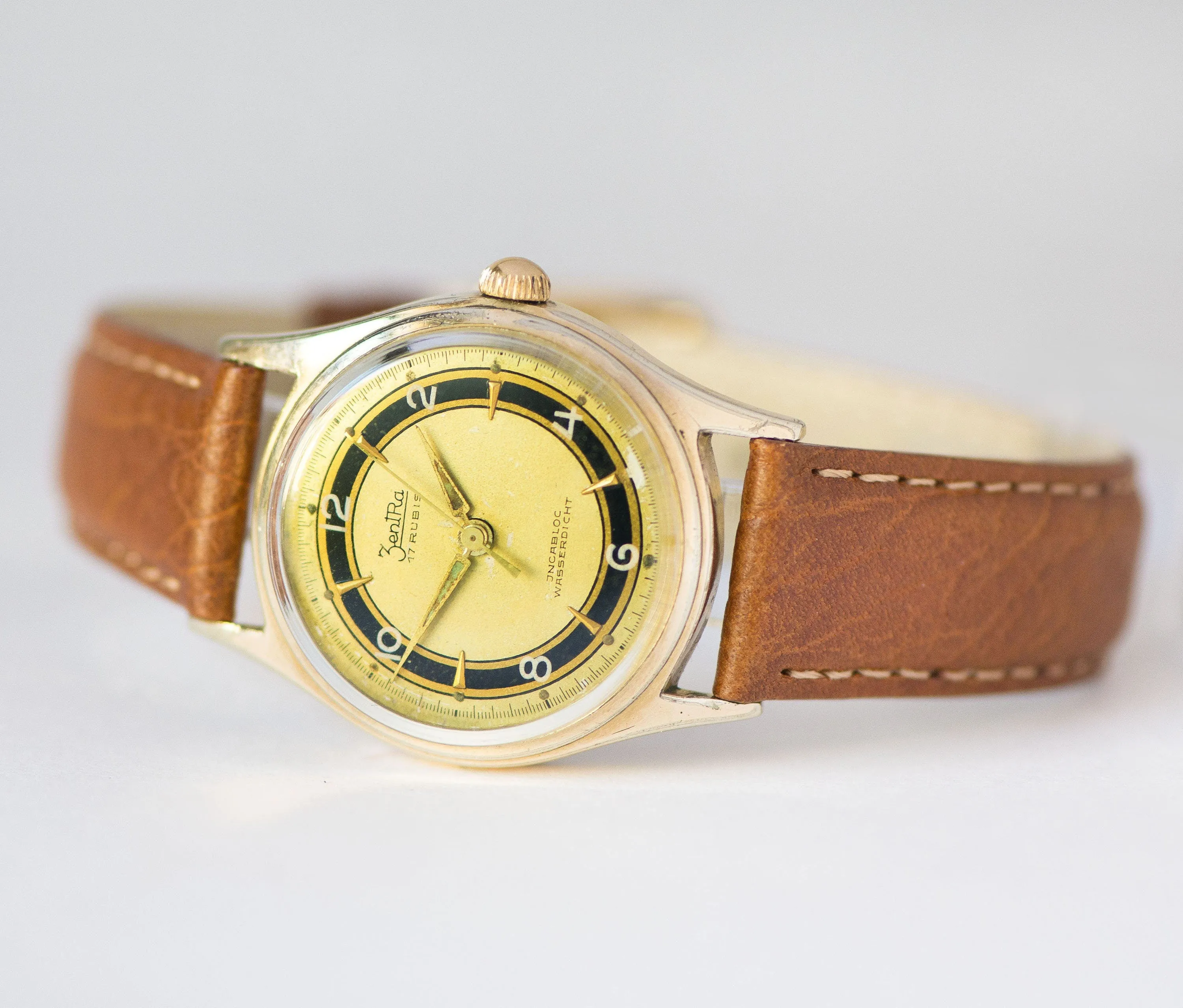ZentRa wristwatch for women gold plated, retro boyfriend's watch shockproof, tomboy watch, vintage dress watch, new premium leather strap